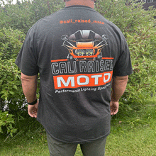 Load image into Gallery viewer, Cali Raided Moto performance blend tee shirt with Road Glide Logo and Baja Designs Sleeve